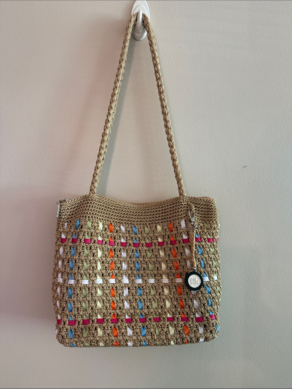 Woven crochet The Sak handbag with Colorful Inset Strips